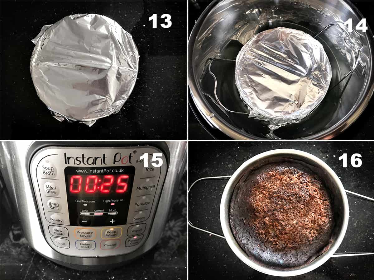 Step by step picture collage showing the making of eggless chocolate cake in Instant Pot.