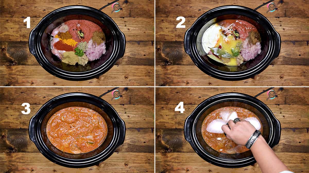 Step by Step picture collage showing how to make chicken curry in slow cooker or crockpot.