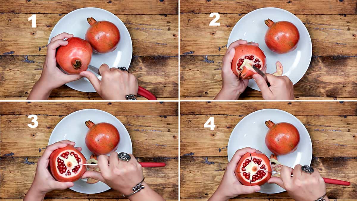 Step by step picture collage showing how to cut pomegranate fruit.