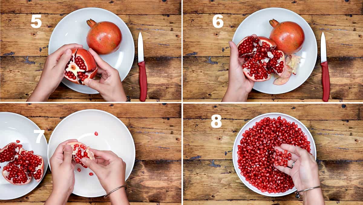 Step by step picture collage showing how to deseed pomegranate fruit.