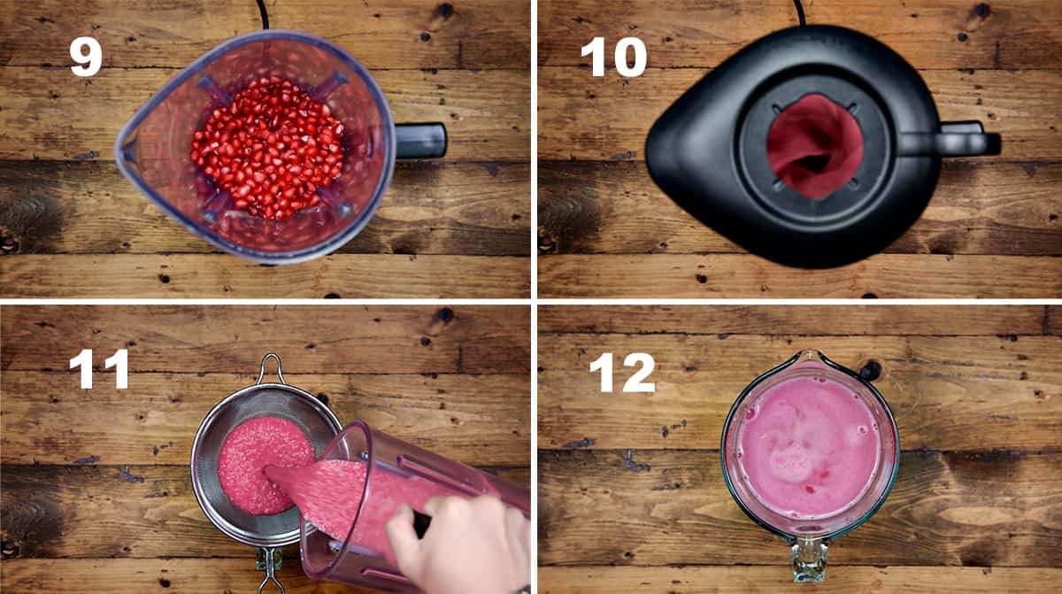 Step by step picture showing how to make homemade pomegranate juice.