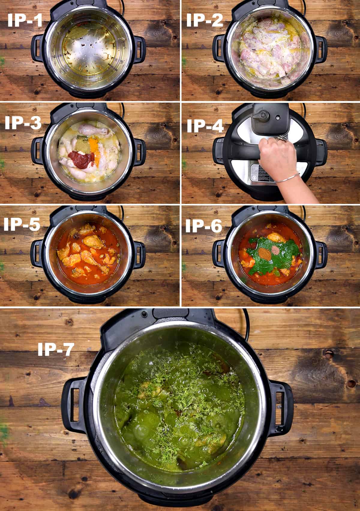 Step by step collage showing the making of chicken saag in Instant Pot.