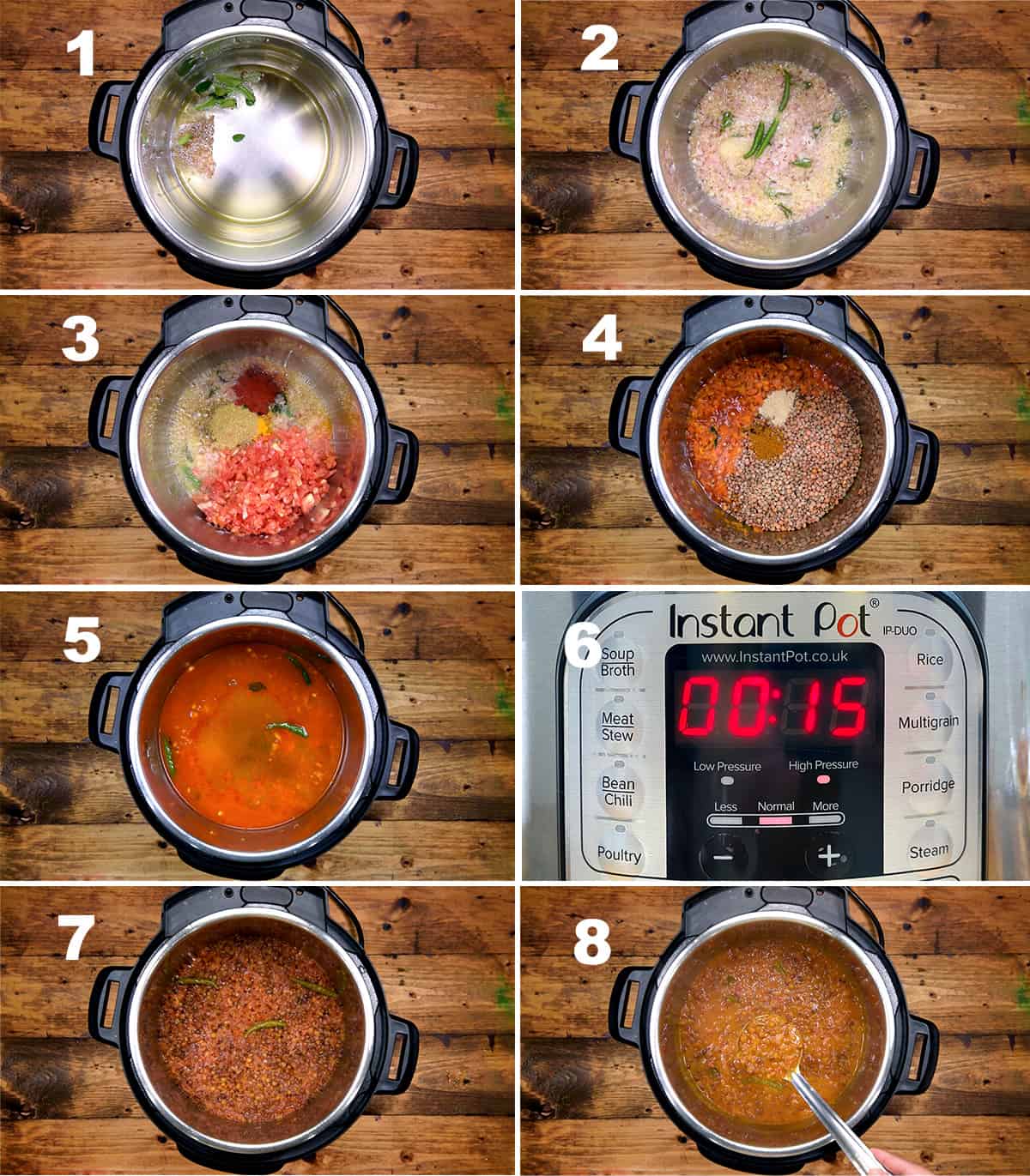 Step by step picture collage showing how to make whole masoor lentil curry in Instant Pot.