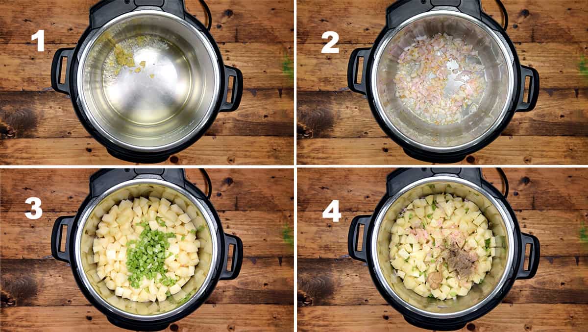 Step by step picture collage showing how to make potato soup in Instant Pot.
