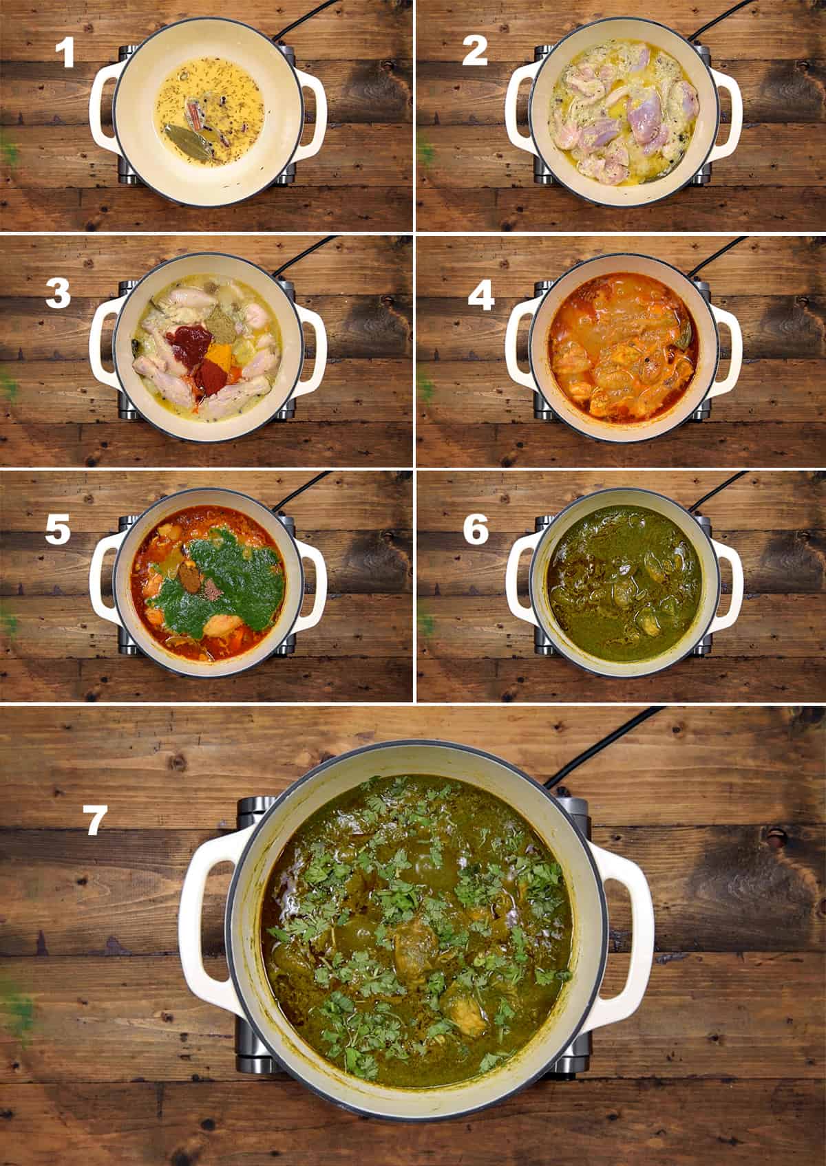 Step by step collage showing the making of palak chicken in pot on stove top.