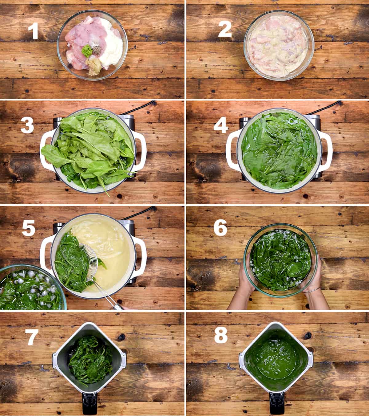 Step by step picture collage showing the chicken marination and spinach blanching.