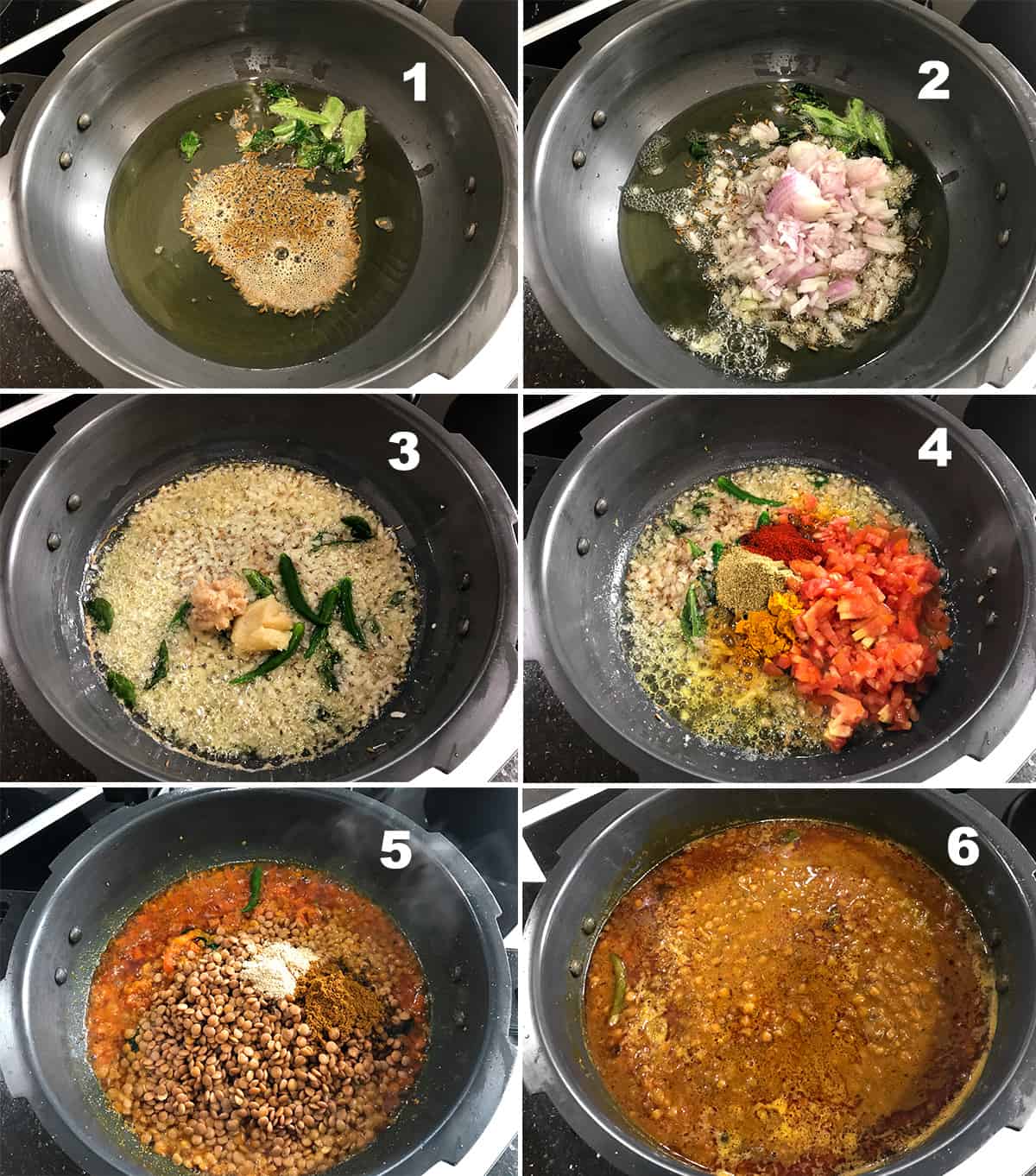 Step by step picture collage showing the making of whole masoor dal recipe in pressure cooker.