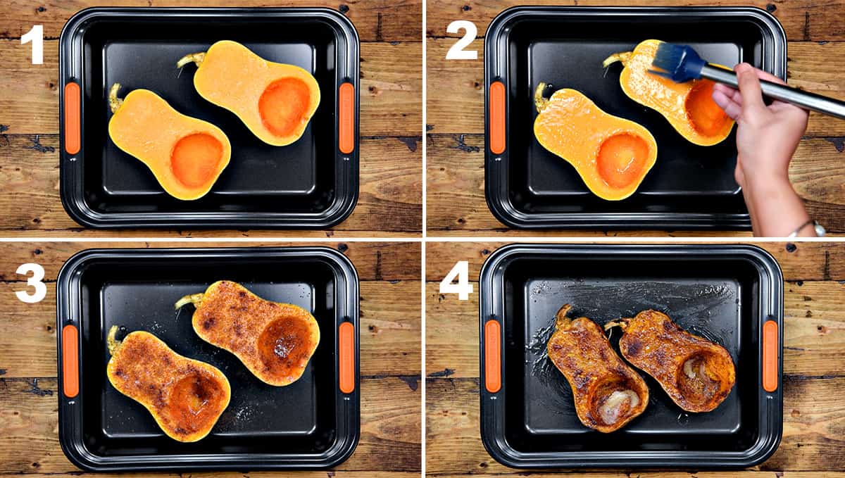 four step collage showing how to roast whole butternut squash halves with cinnamon and brown sugar.