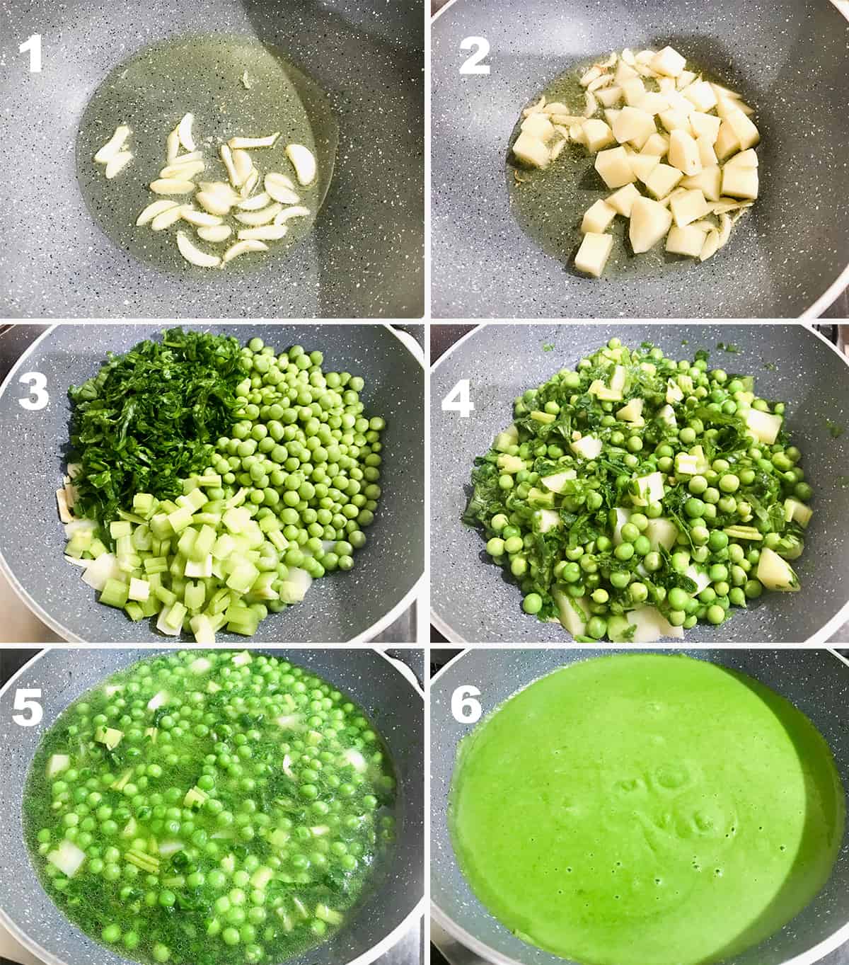Step by step picture collage of making green pea soup in pot.