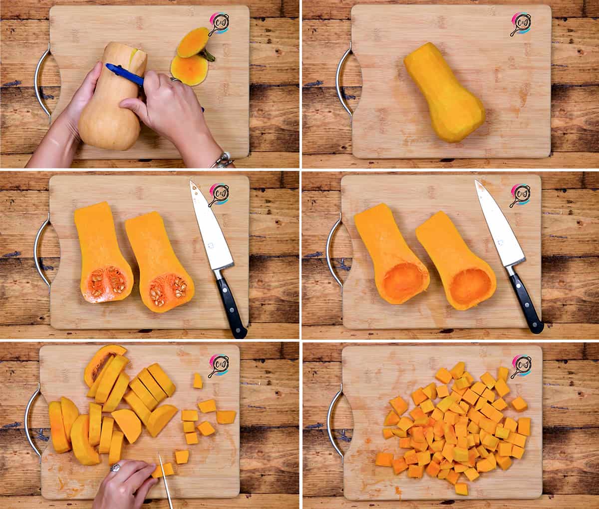 six step collage showing how to cut butternut squash.