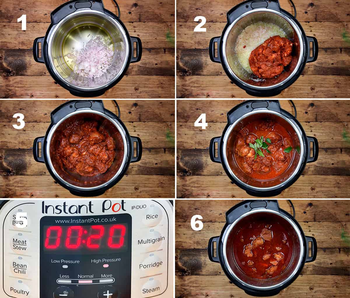 six step collage showing how to make lamb vindaloo in instant pot.