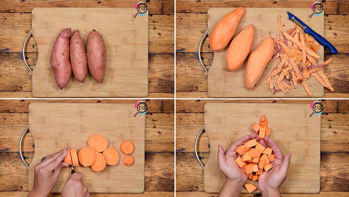 Step by step picture collage showing how to peel and cut sweet potatoes.