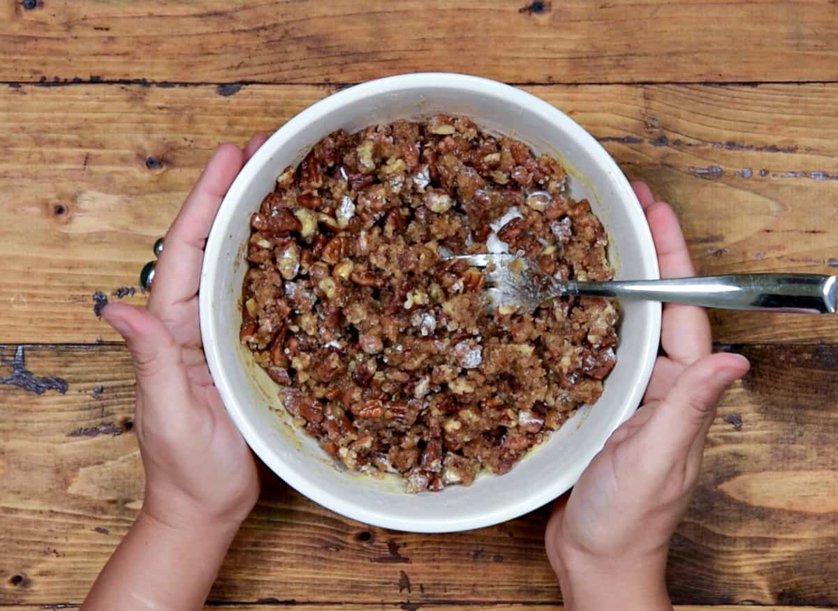 Chopped pecans, sugar, flour, cinnamon, butter mixed into crumbly streusel in white bowl.