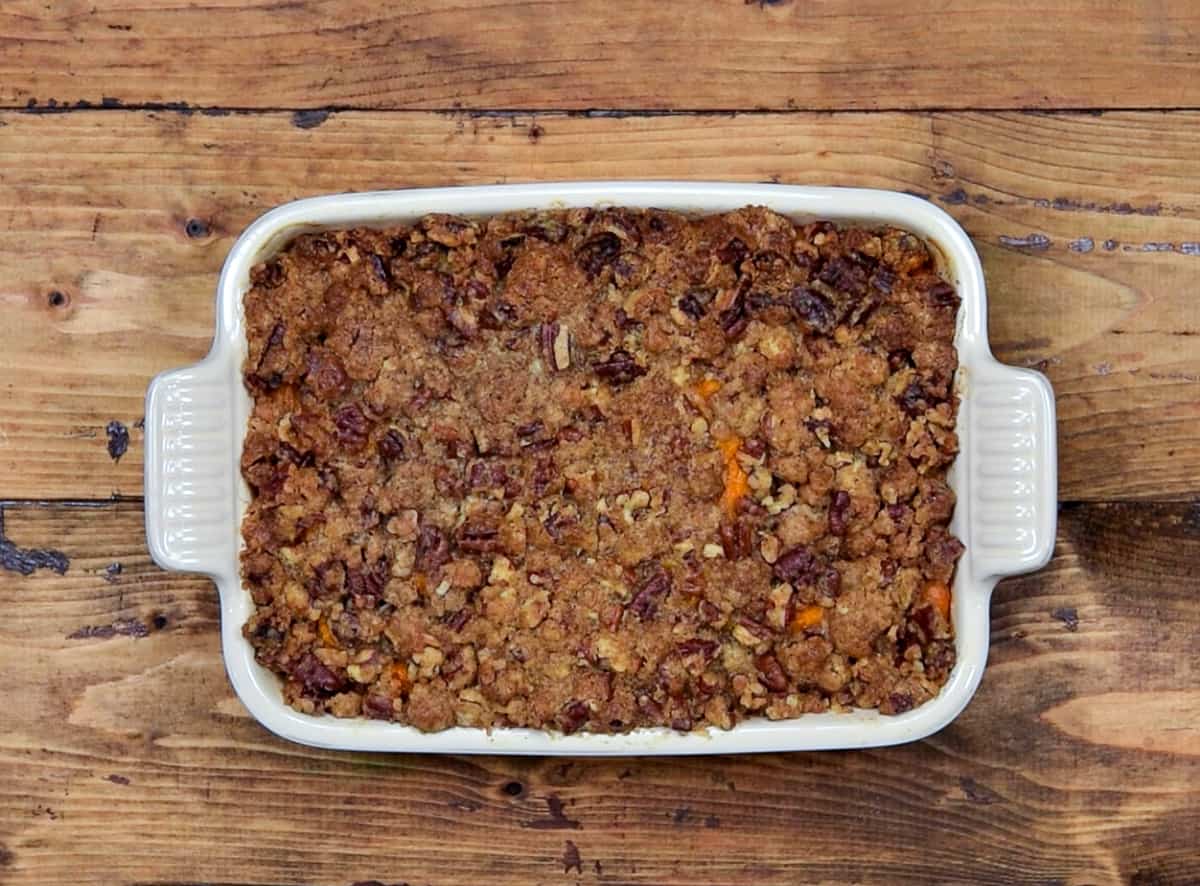 Freshly baked sweet potato casserole out of the oven ready to serve.