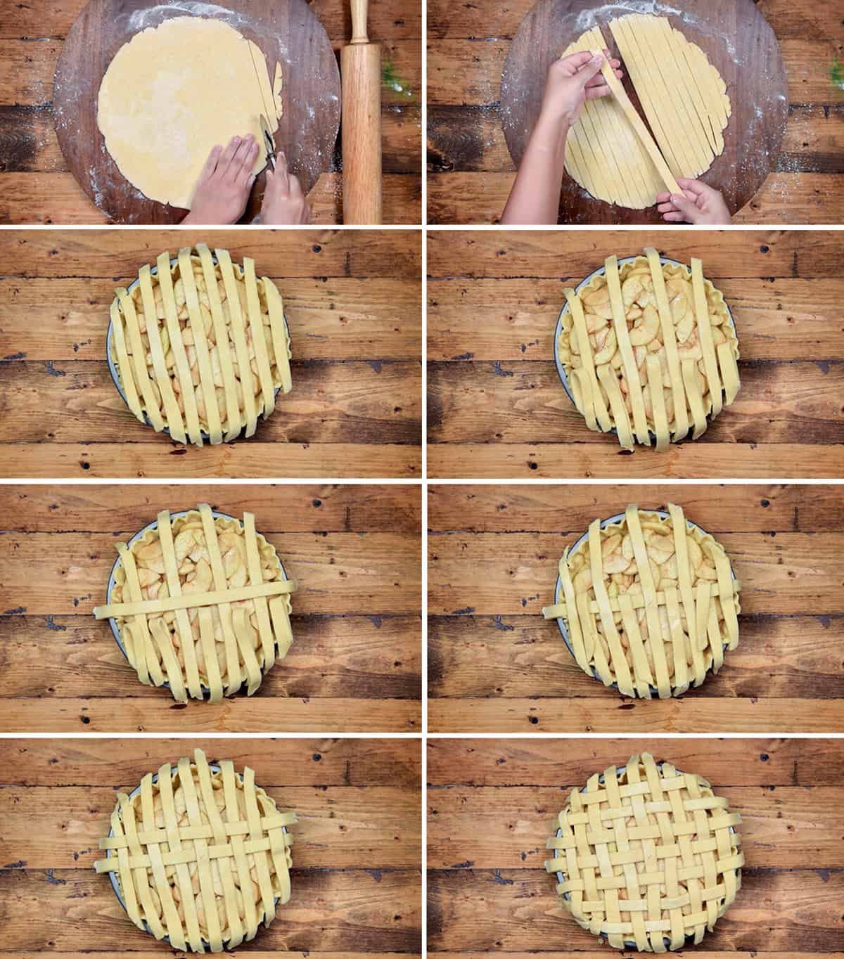 eight step collage showing the making of lattice top crust for apple pie.