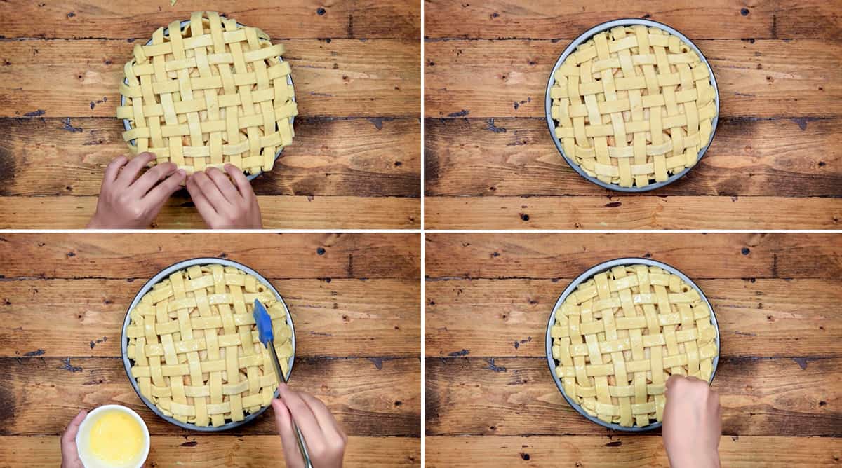 four step collage showing the egg wash and sugar sprinkle on the  the pie.