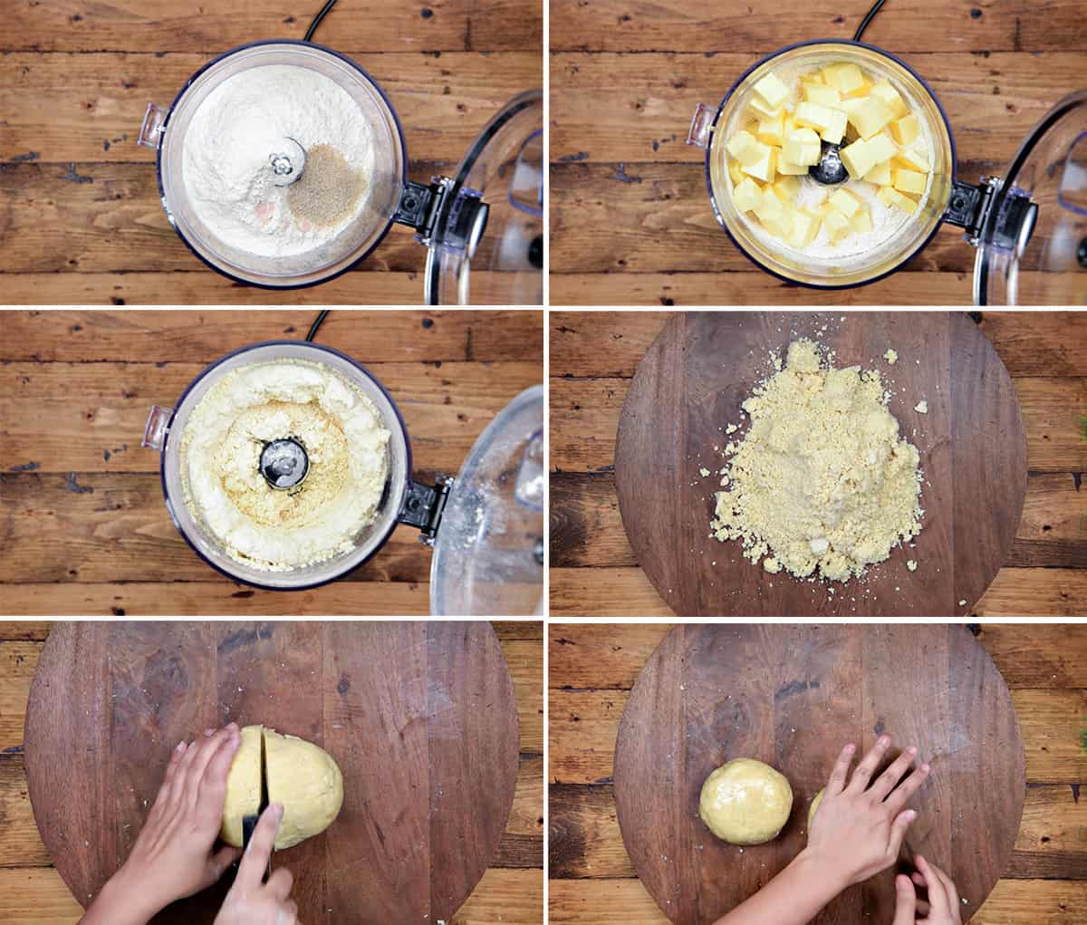 six step collage showing how to make pie crust dough using food processor,