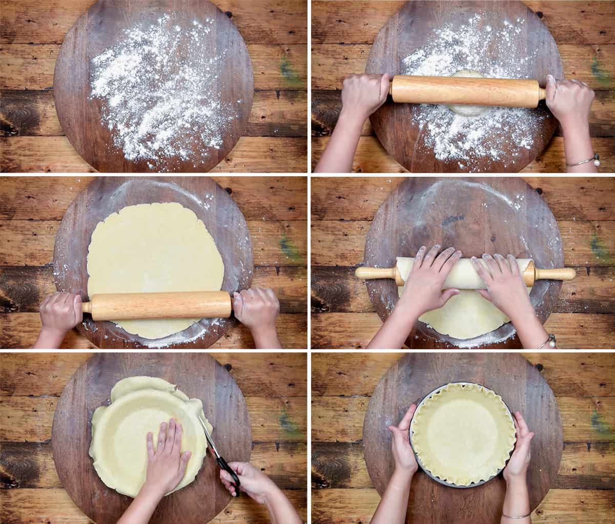 six step collage showing the rolling of pie dough for crust.