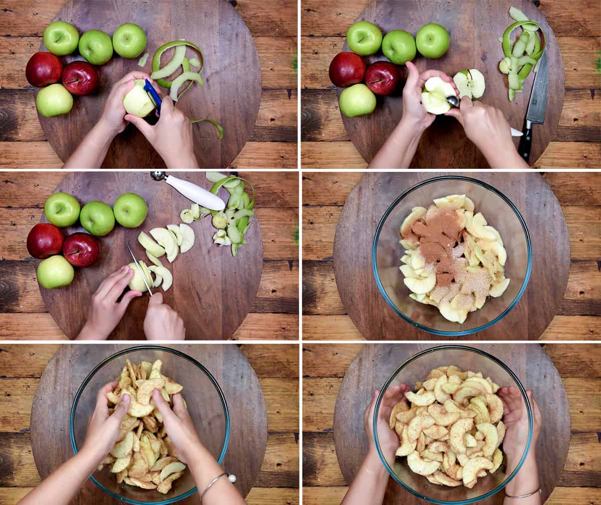 six step collage for peeling,slicing the apples, and adding spices to make apple pie filling,