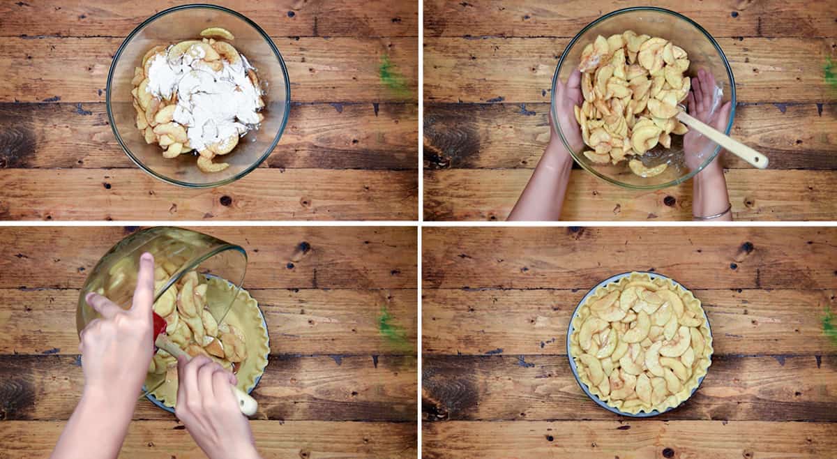 four step collage of tossing the apples with flour and adding it to the pie crust.