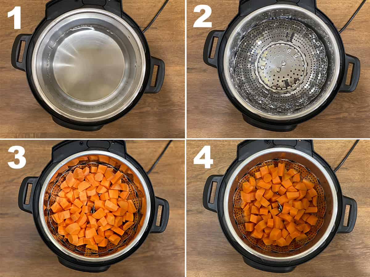 four step photo collage showing how to cook sweet potatoes in an instant pot