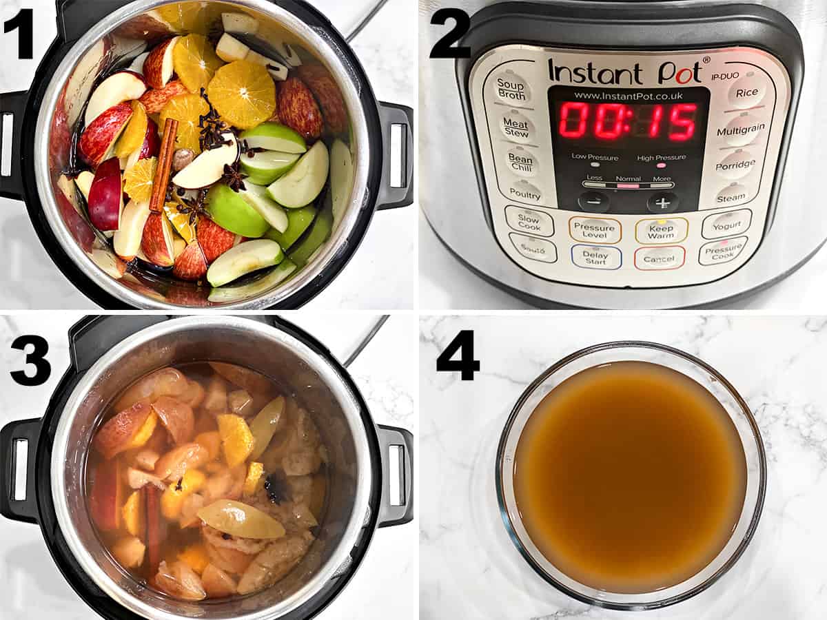 the four steps of making homemade apple cider in the instant pot