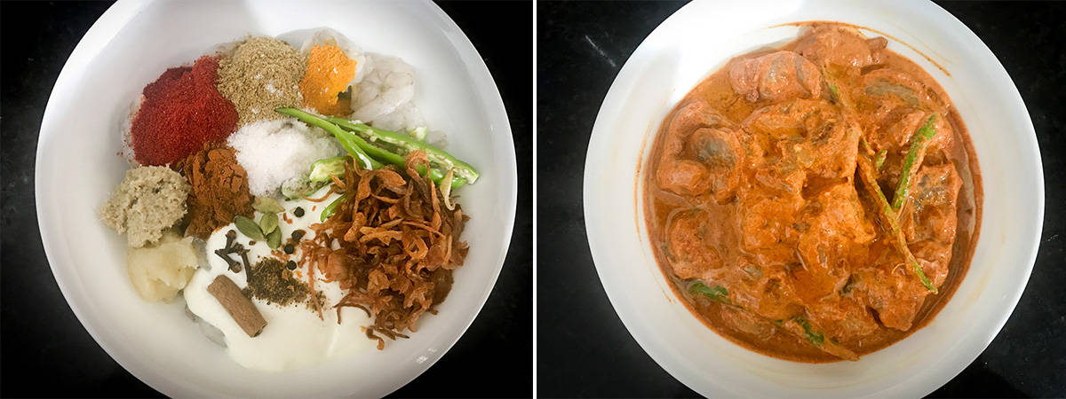 two step collage showing the shrimp marination process in white bowl.