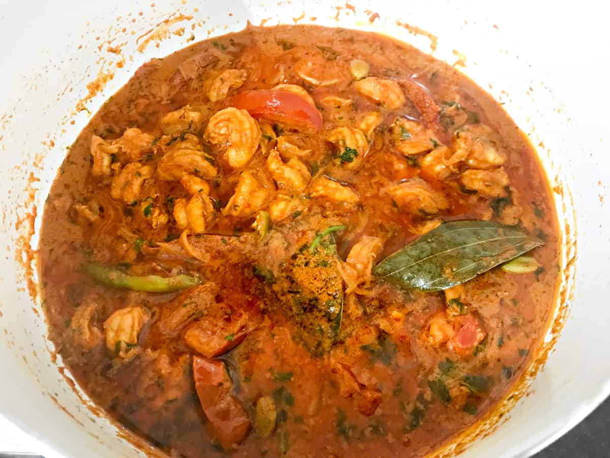 Cooked prawn masala for biryani in dutch oven pot