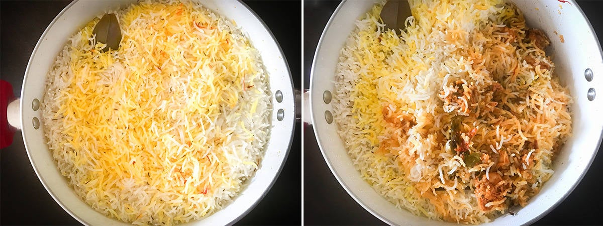 two step collage showing the cooked shrimp biryani in dutch oven.