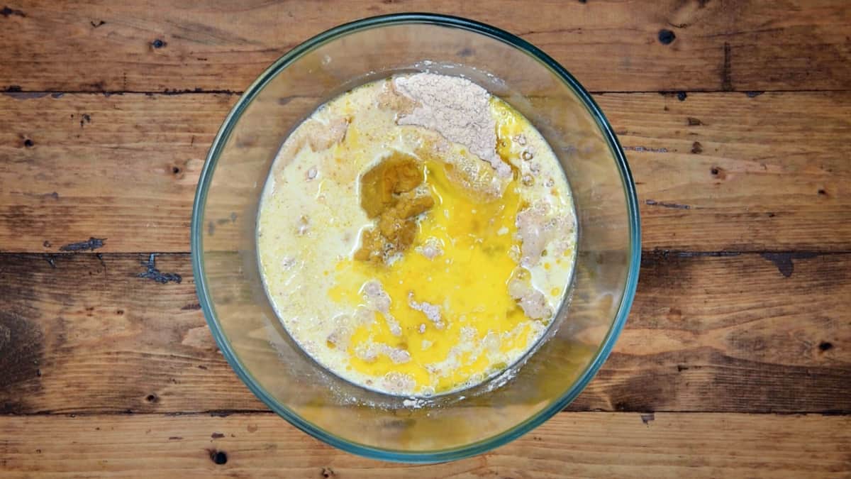 wet ingredients added to mixing bowl