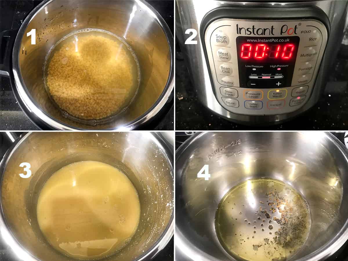 four steps showing cooking of dal in instant pot
