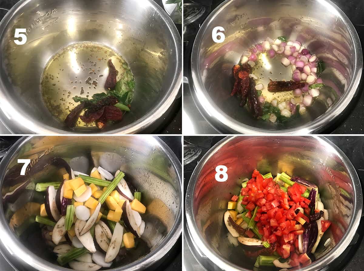 four steps showing spices, onions and vegetables sautéing in the instant pot