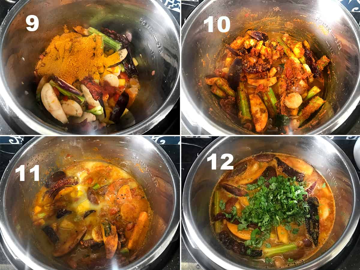 four steps showing vegetables sautéed in spice powders and then mixed cooked dal in instant pot