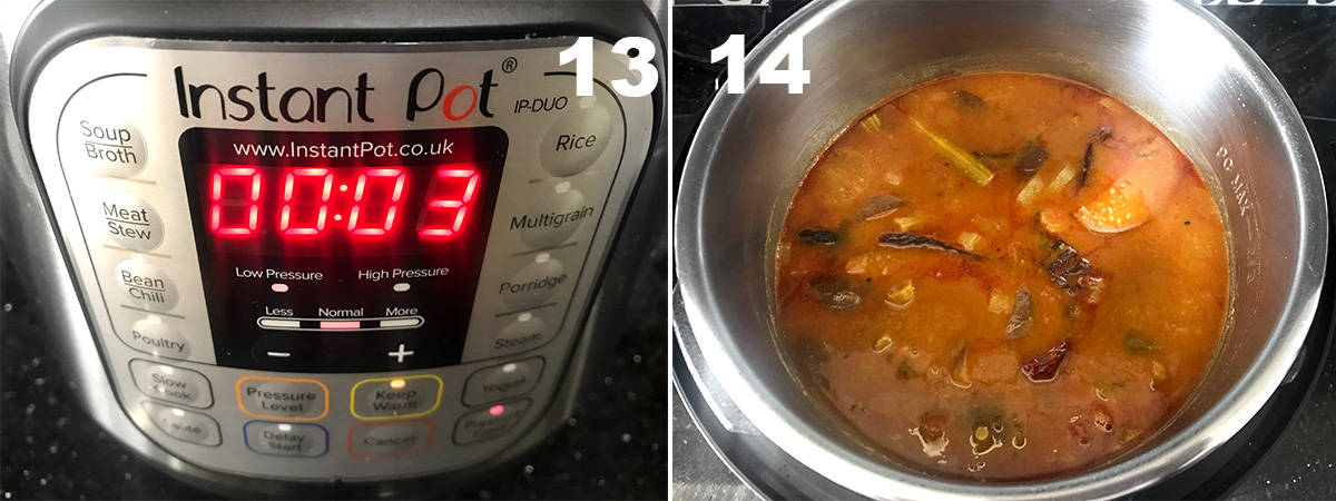 two steps showing high pressure cook time and finished sambar in the instant pot