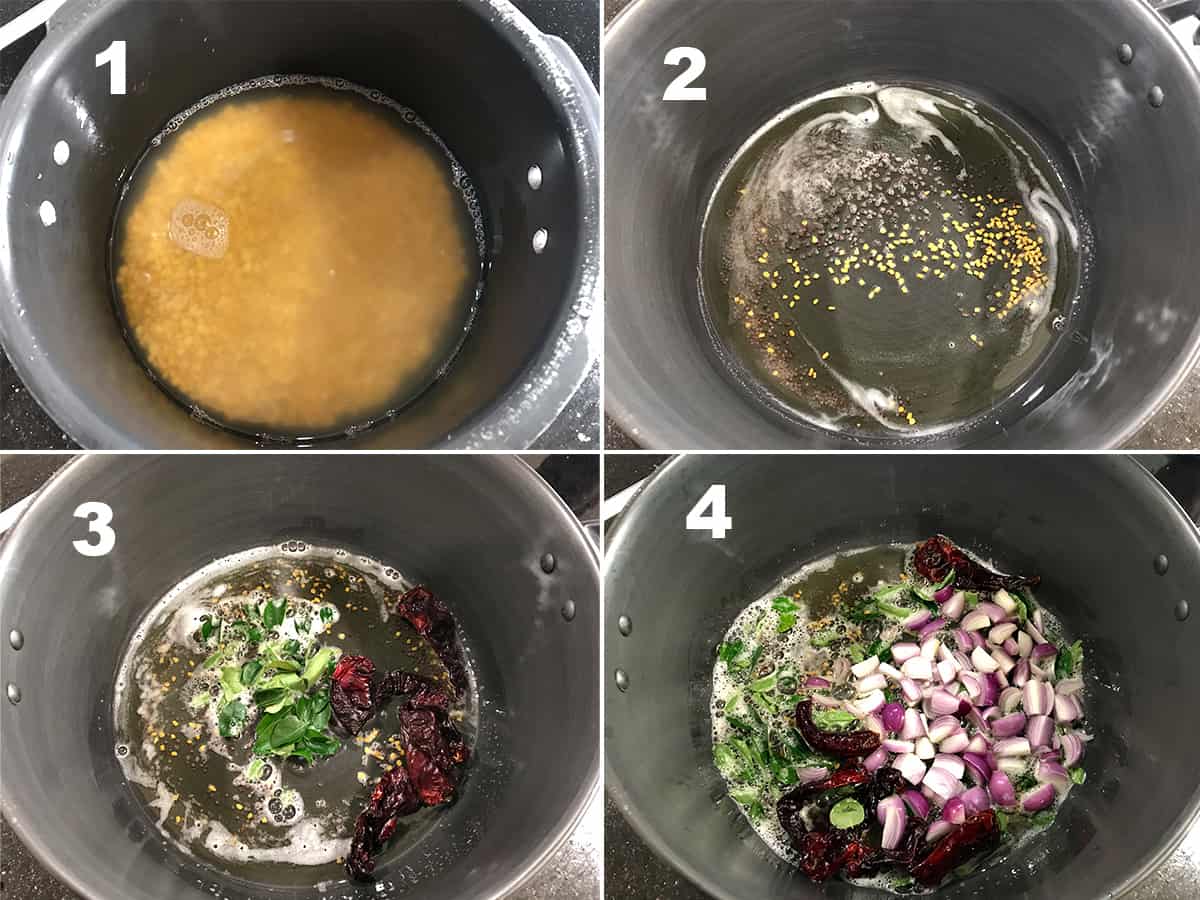 the four steps of boiling dal in pressure cooker and frying onion, and spices in pot