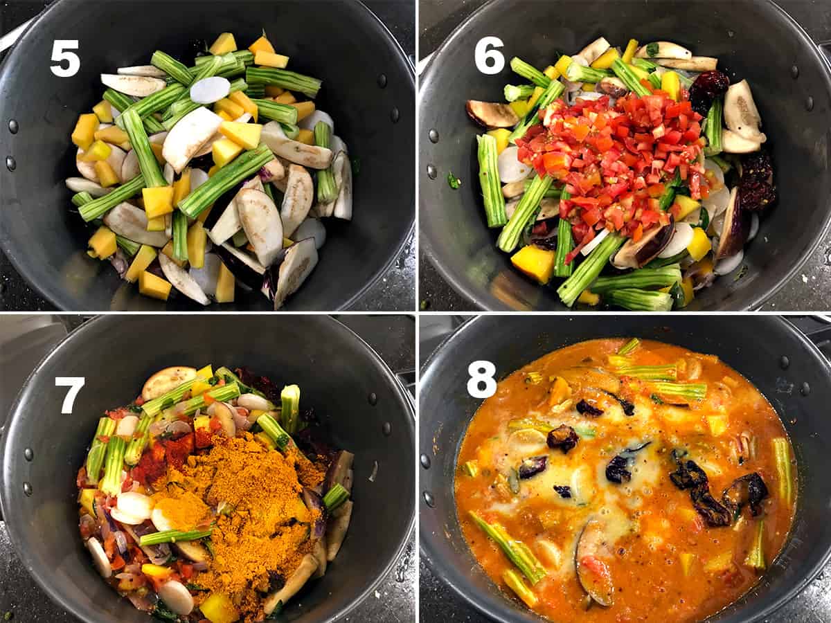 the four steps showing cooking of vegetables in spices and boiled dal.