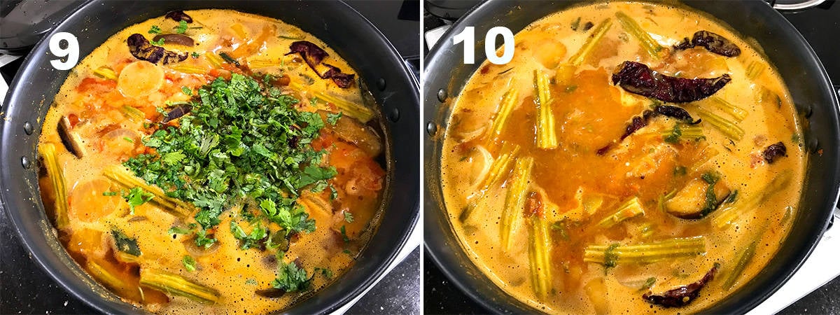 two steps showing the addition of chopped cilantro and sambar simmering in pot.