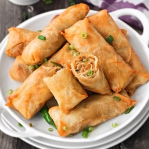 Pile of vegetable spring rolls on a white plate garnished with green onions