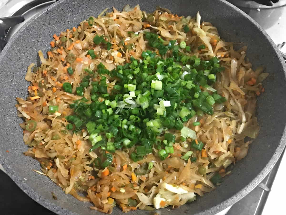 green onion greens added to veggie mix for homemade spring rolls