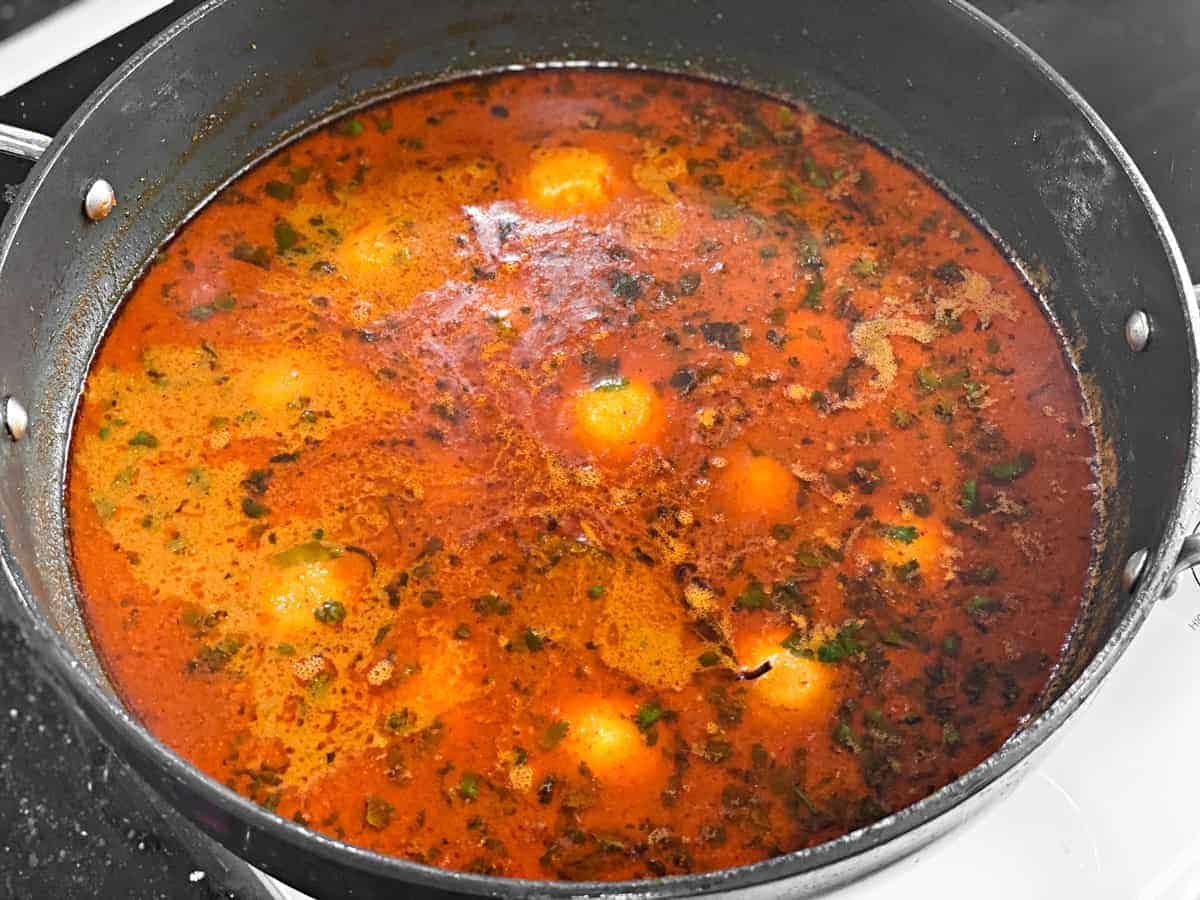 finished indian egg curry in pot prior to dishing out for serving