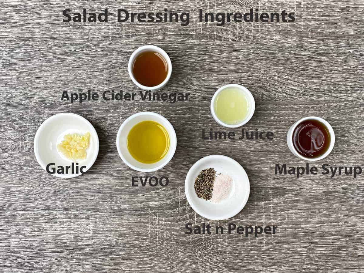 Strawberry spinach salad dressing ingredients - ACV, EVOO, lime juice, maple syrup, garlic, salt and pepper