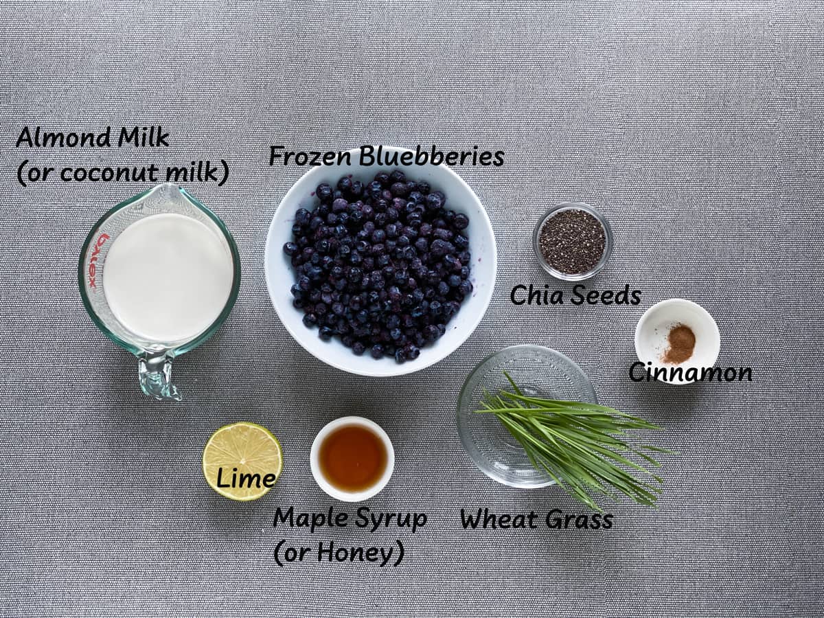 ingredients for vegan blueberry smoothie recipe placed in bowls are laid out on a grey table