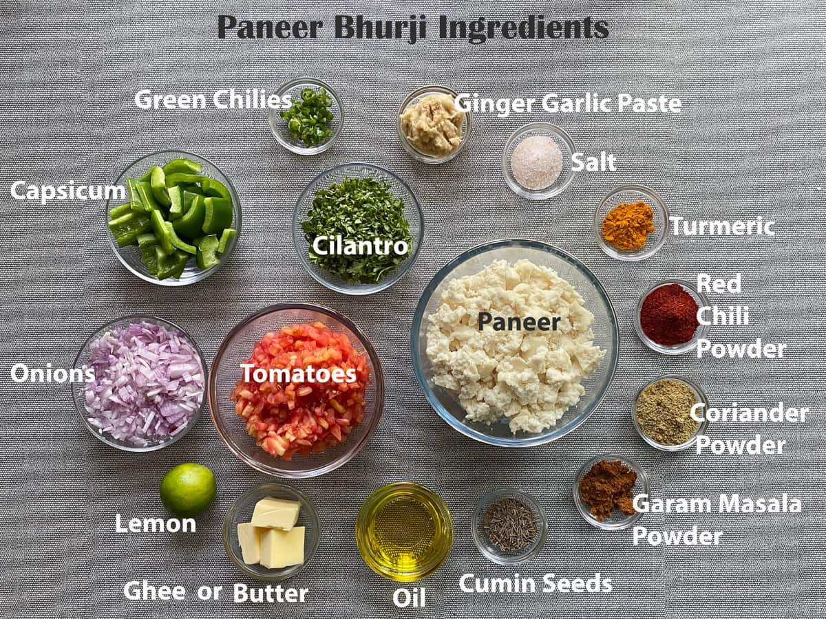 mise en place for paneer bhurji recipe ingredients placed in small clear glass bowls