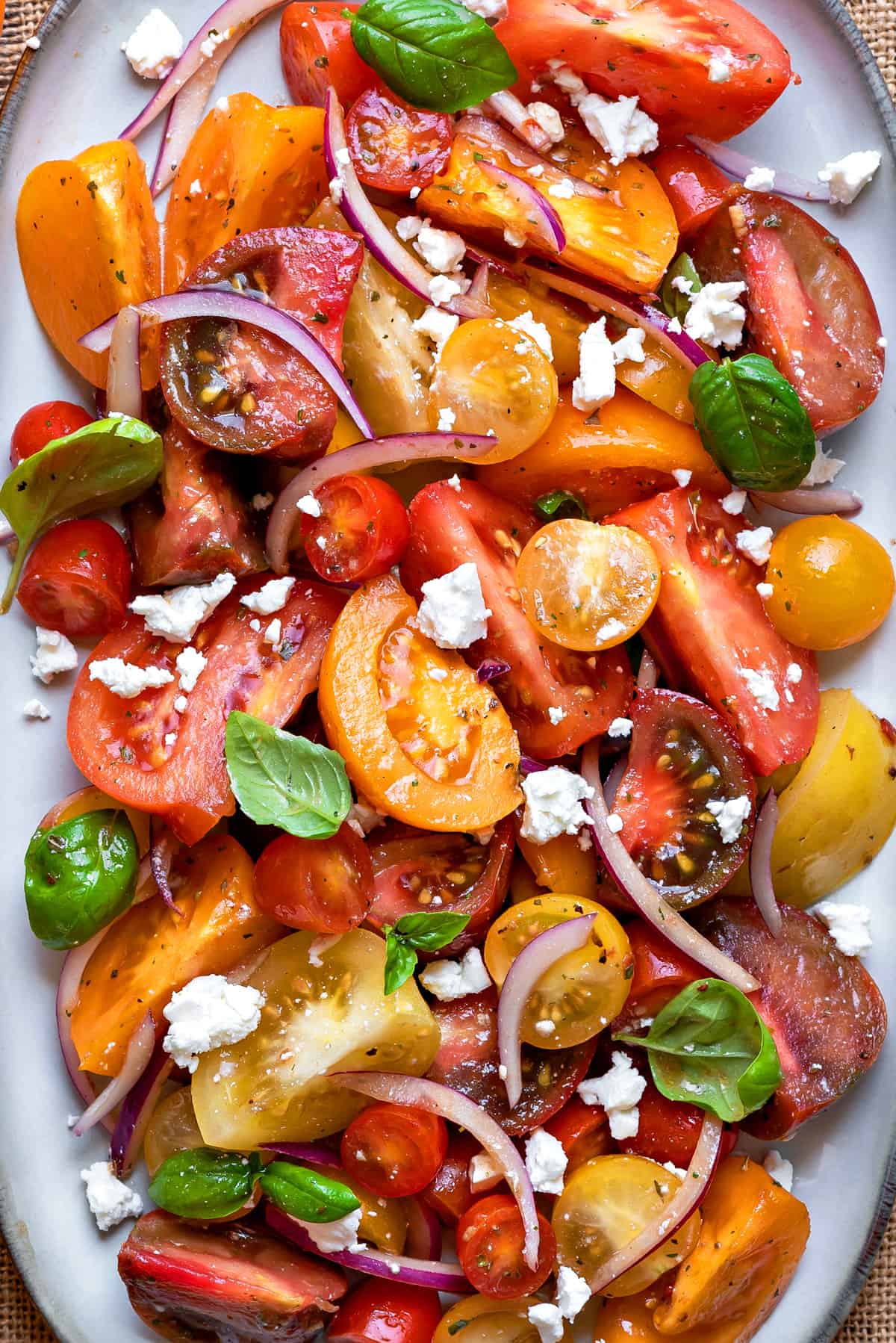 close up shot of heirloom tomato salad