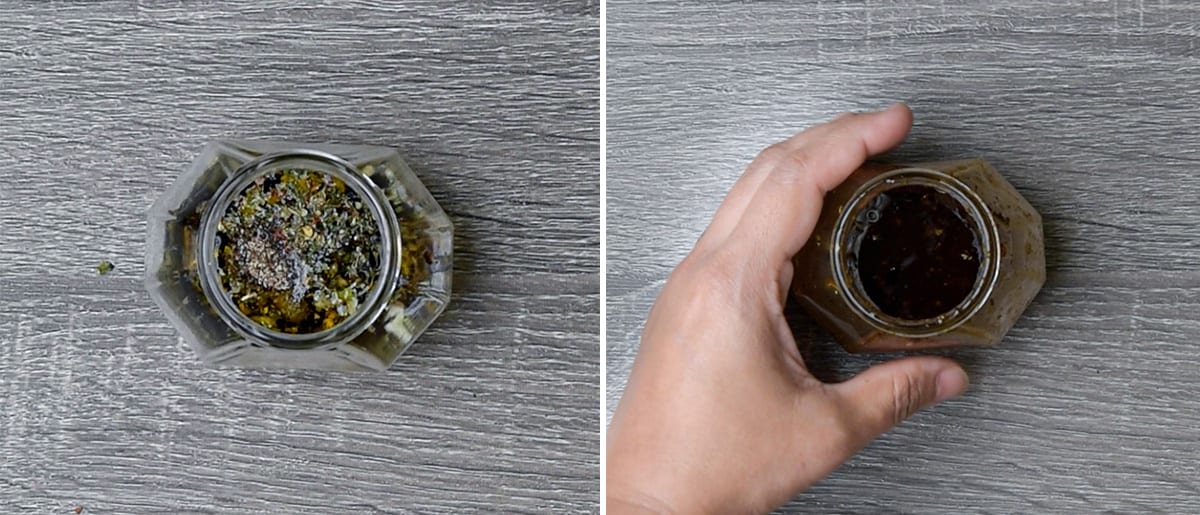 side by side images showing how to make the tomato salad dressing in a small jar with a lid