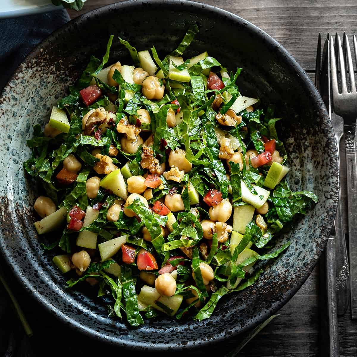 Kale Apple Salad Recipe with Walnut and Chickpeas | by Cubes N Juliennes