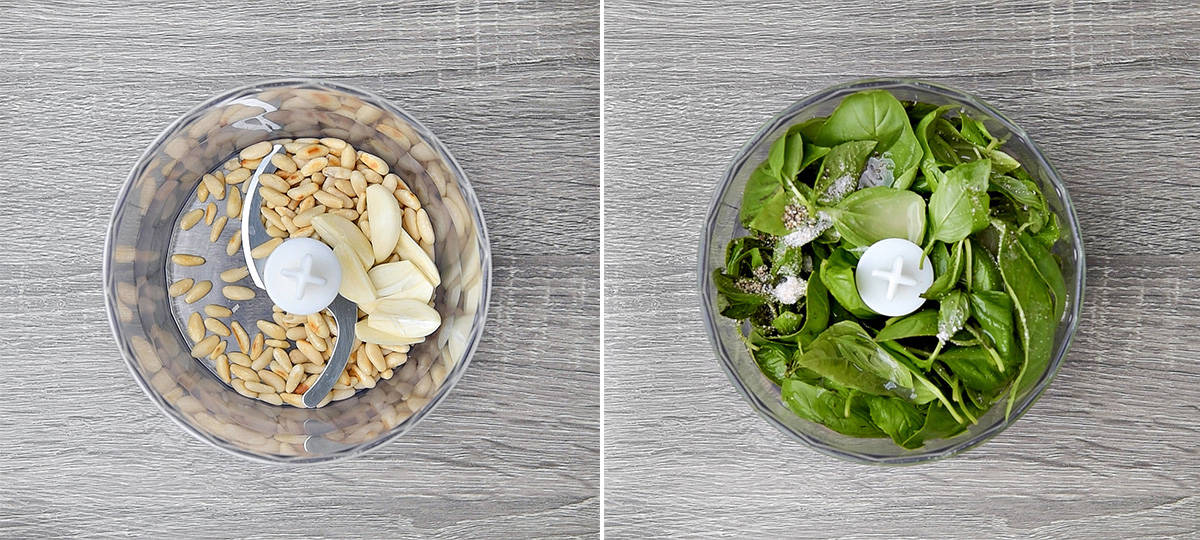 pine nuts, garlic and basil in the bowl of immersion blender chopper