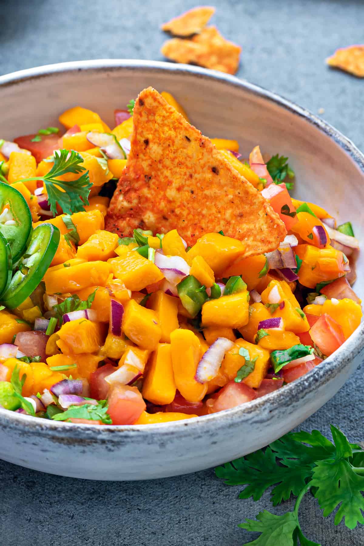 close up shot of tomato mango salsa in a bowl with a tortilla chip in the center