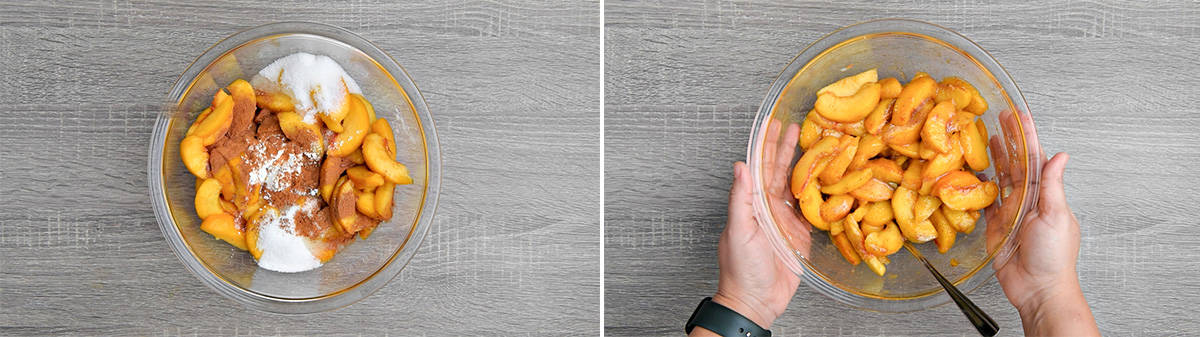 two step collage showing peach cobbler filling ingredients in a bowl and the completed filling after stirring 