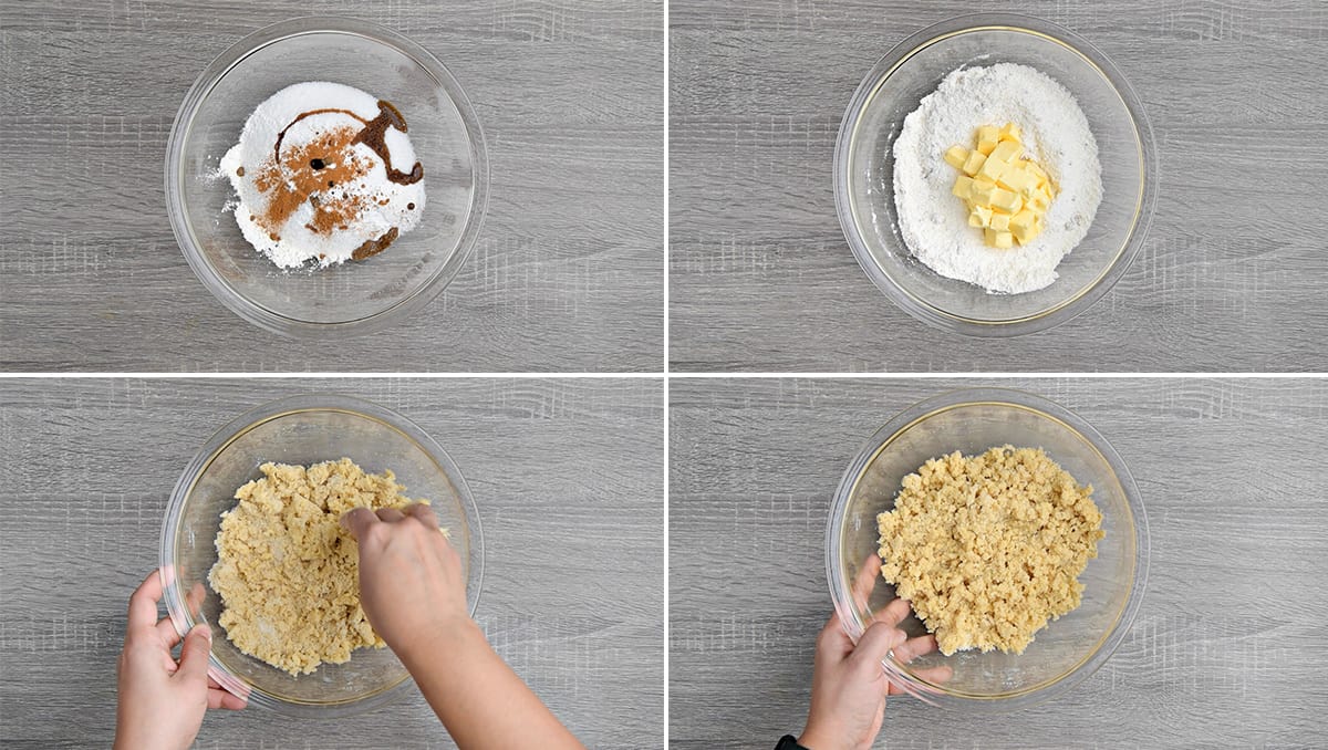 four step collage showing the cobbler topping starting from mixing the ingredients to completed crumbly topping